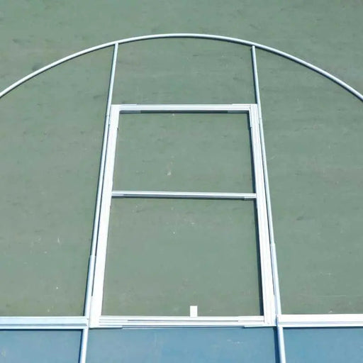 Arched aluminum frame with rectangular door opening for greenhouse or grow tunnel. Modular outdoor structure.