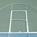 Arched aluminum frame with rectangular door opening for greenhouse or grow tunnel. Modular outdoor structure.