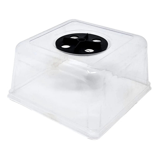 Clear plastic plant propagation dome with adjustable black vent for seedlings.