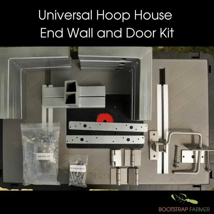 Hoop House End Wall & Door Kit for greenhouse construction. Includes aluminum frame, hinges, latch, and hardware.
