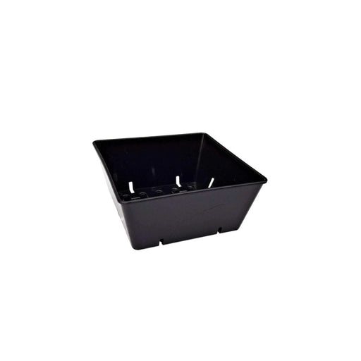 Black square plastic nursery grow pot with side and bottom drainage holes for plants.
