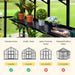 Greenhouse interior with potted plants, gardening tools on a black shelf. Compatibility chart for Victorian, Pacific greenhouse series.