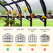 Greenhouse shelving with potted plants & colorful flowers. Compatibility chart for Victorian, Pacific, and other greenhouse series.