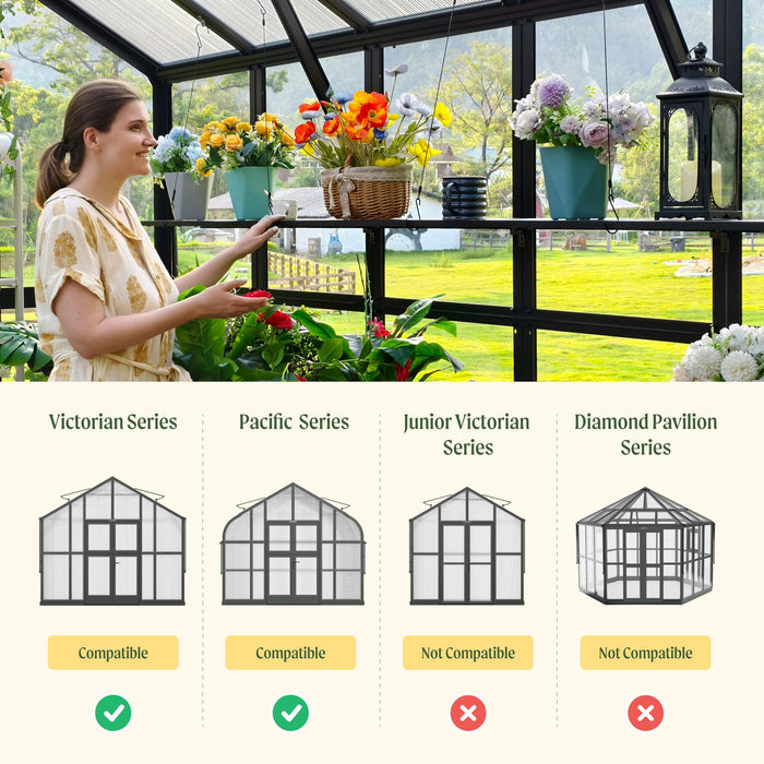 Woman in greenhouse with flowers. Compatibility chart: Victorian, Pacific, Junior Victorian, Diamond Pavilion greenhouse series.