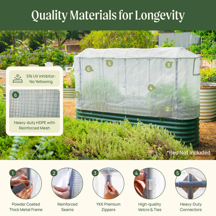 Vego Garden greenhouse cover features UV-resistant HDPE mesh, reinforced seams, and durable metal frame for plant protection.
