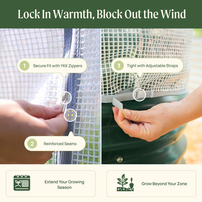 Greenhouse cover details: YKK zipper, reinforced seams, adjustable straps for warmth, wind protection, extending season.