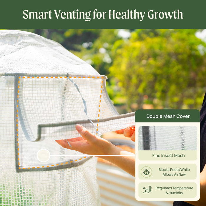 White mesh plant cover for smart venting. Fine insect mesh blocks pests, regulates temperature & humidity for healthy plant growth.