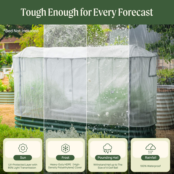 Durable HDPE greenhouse cover protects garden plants from sun, frost, hail, and heavy rain. UV-protected & waterproof.