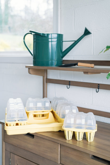 Yellow seed starter kits with clear domes, green watering can, and a hand trowel on wooden shelves for indoor gardening.