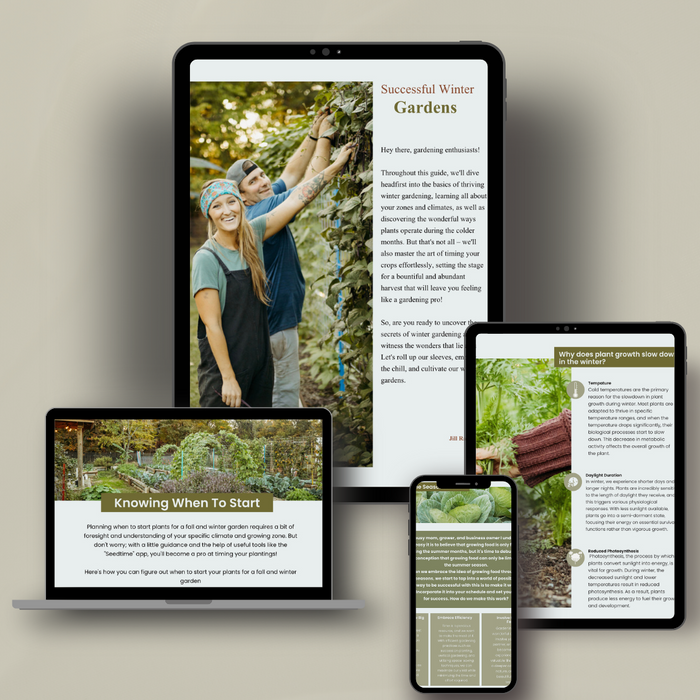 Winter gardening ebook on tablet, laptop, phone. Guides for successful planting, harvest, and plant growth.