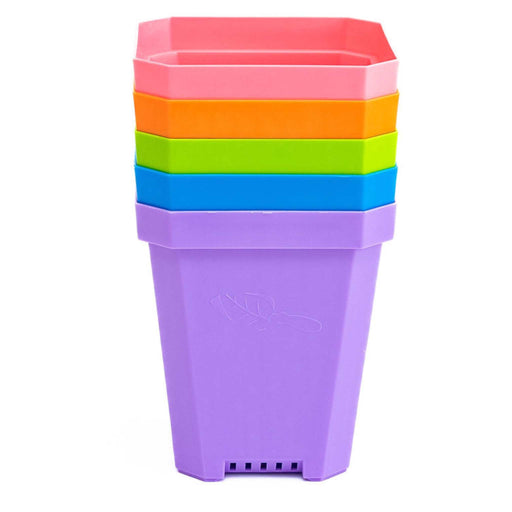Vibrant stack of 5 pink, orange, green, blue, purple plastic plant pots with drainage holes. Great for seedlings.