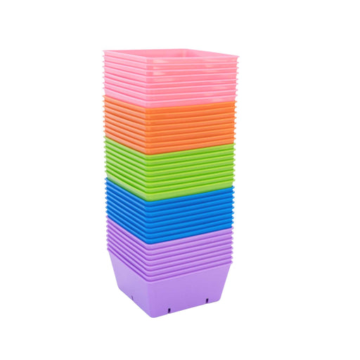 Stacked square plastic seedling pots in pink, orange, green, blue, purple. Colorful gardening planters for propagation.