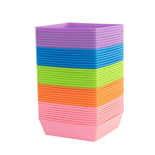 Stacked colorful square plastic plant pots: purple, blue, green, orange, pink. Ideal for seedlings or crafts.