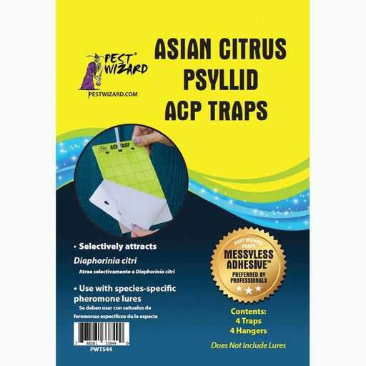 Pest Wizard Asian Citrus Psyllid (ACP) sticky traps package. Messyless adhesive, attracts Diaphorinia citri. 4 traps.