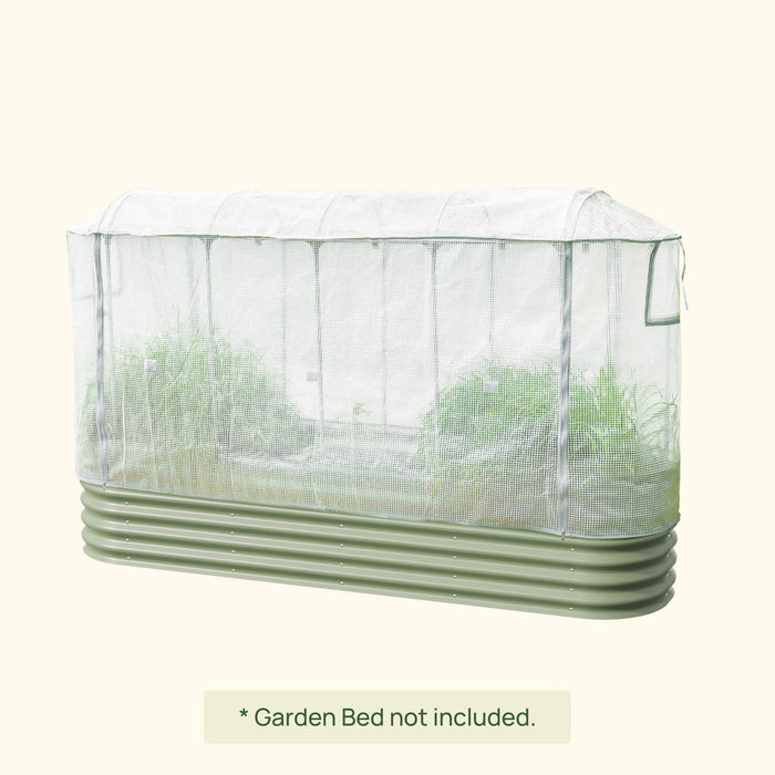 White mesh greenhouse cover for a green corrugated raised garden bed, protecting plants.
