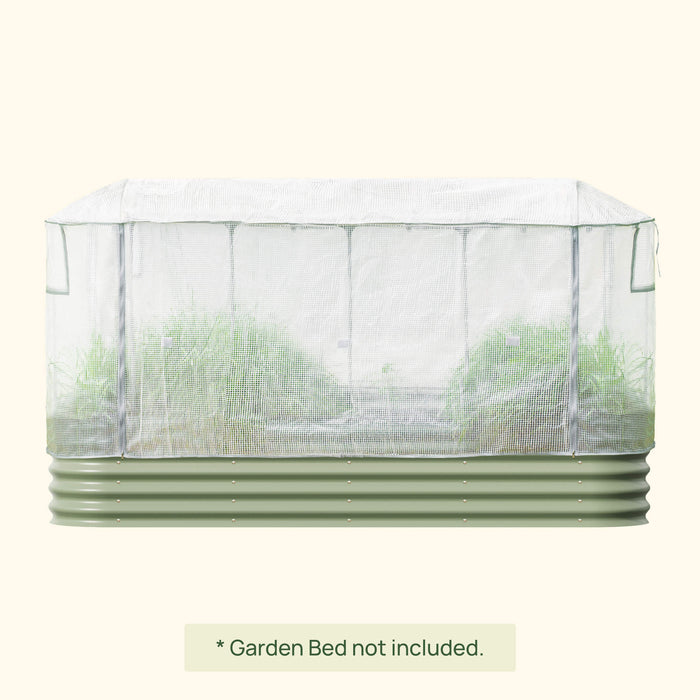 White mesh greenhouse cover for raised garden beds, with zipper access for plant protection & season extension.