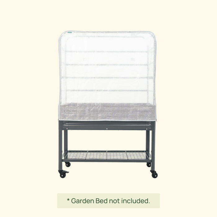 Portable raised garden bed stand with white mesh protective cover, lower shelf, and casters.