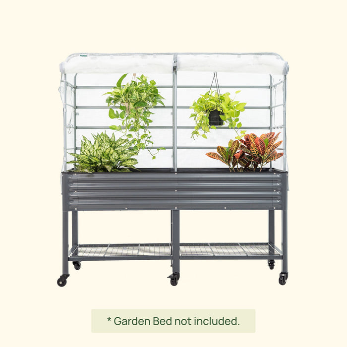 Portable metal raised garden bed with white mesh greenhouse cover, various plants, and lower storage shelf.