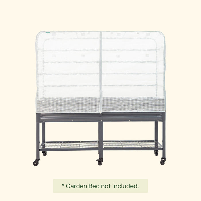 Mobile metal garden stand with white mesh greenhouse cover, zippered front, and lower wire shelf on casters.