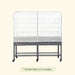 Mobile metal garden stand with white mesh greenhouse cover, zippered front, and lower wire shelf on casters.