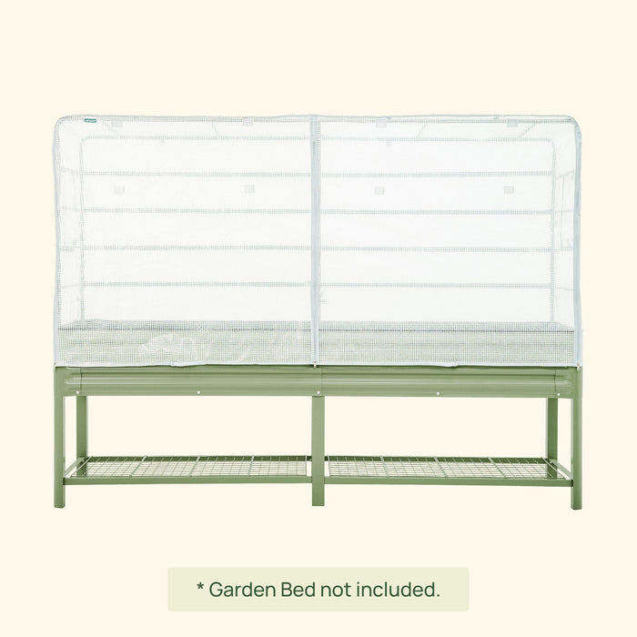 VegTrug raised garden bed frame in sage green with a white mesh insect screen cover and bottom shelf.