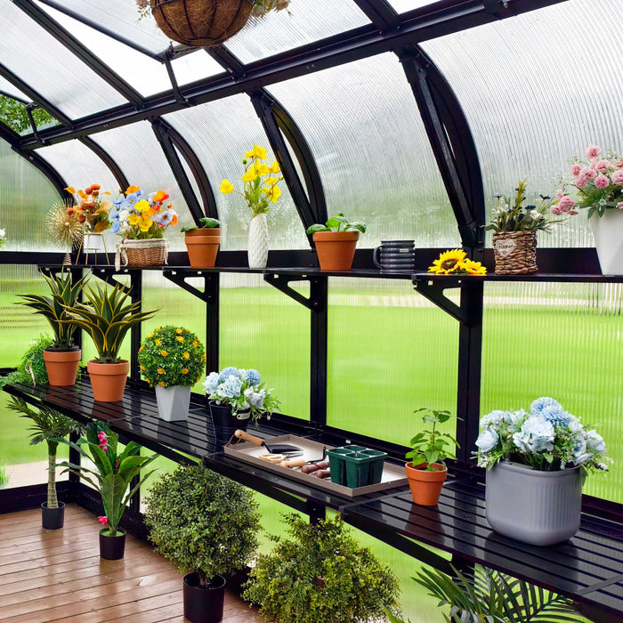 Greenhouse interior with black shelves displaying potted plants, colorful flowers, and gardening tools. Wooden floor, green lawn visible.