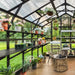 Stylish greenhouse interior with vibrant potted plants, colorful flowers, wooden shelves, comfortable wicker chair, and coffee table.