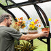 Man gardening in a modern curved polycarbonate greenhouse, placing a potted plant on a shelf. Colorful flowers and plants thrive.