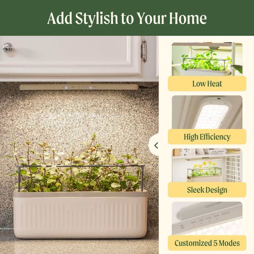 Sleek indoor smart garden with LED grow lights, growing fresh herbs on a kitchen counter. Features 5 custom modes.