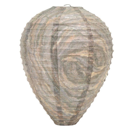 Realistic grey artificial wasp nest decoy with hook for natural pest control.