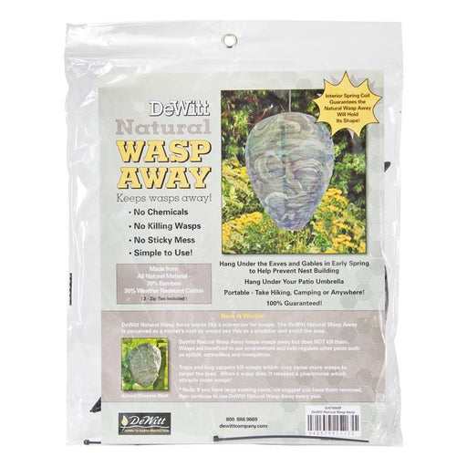 DeWitt Natural Wasp Away package. Fake hornets nest hangs in a garden, a natural, chemical-free wasp deterrent.
