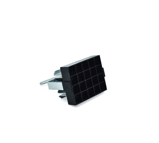 Black plastic appliance leveling foot with non-slip grid base and silver metal mounting bracket.