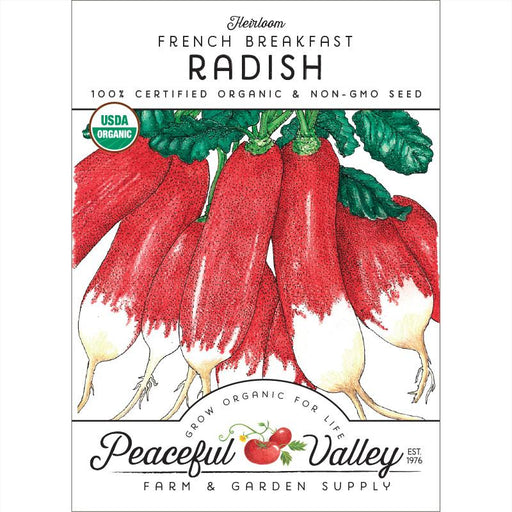 Peaceful Valley Organic Heirloom French Breakfast Radish seeds. USDA certified, non-GMO red and white radishes.